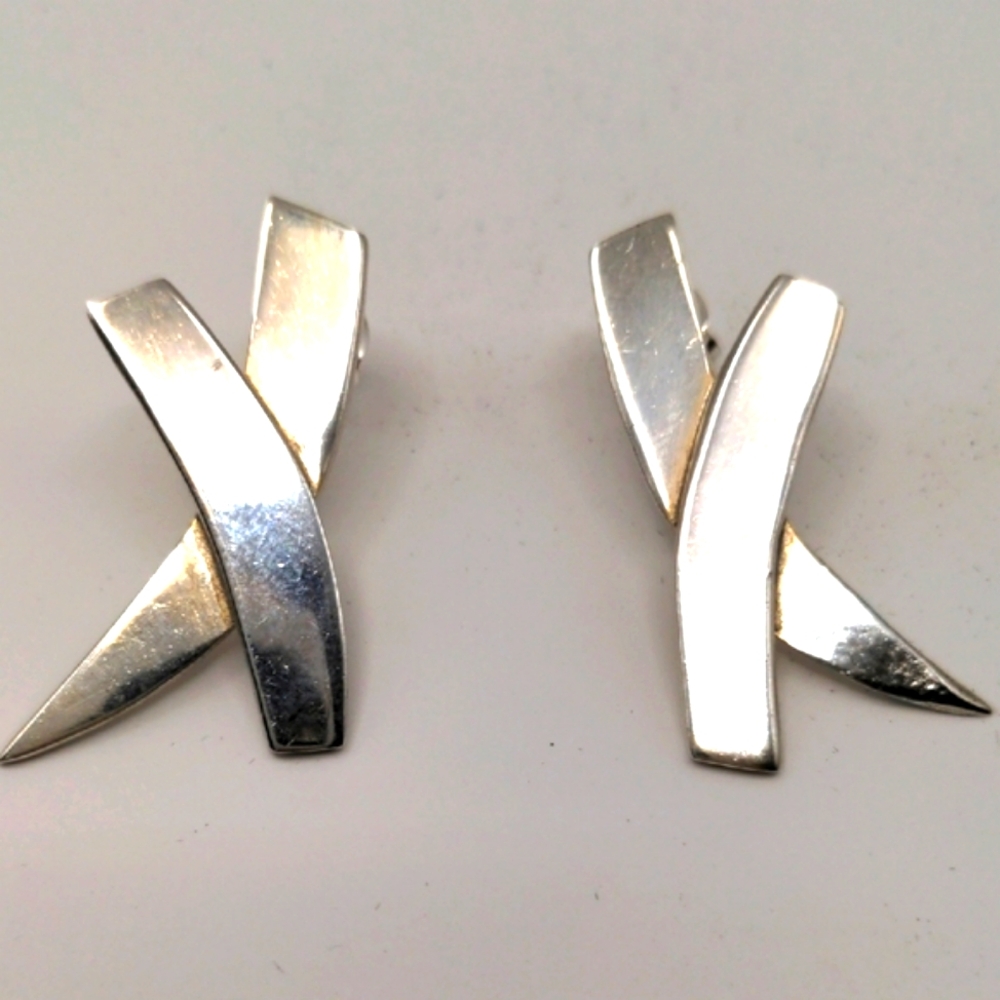 Vintage Sterling Silver Earrings, X  Cross Design.  Vintage Condition. Modernist